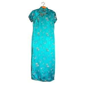 Vintage Peony Brand Shanghai Teal Rayon Floral Brocade‎ Cheongsam Qipao Dress